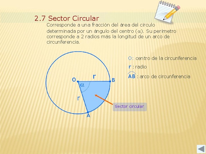 2. 7 Sector Circular Corresponde a una fracción del área del círculo determinada por