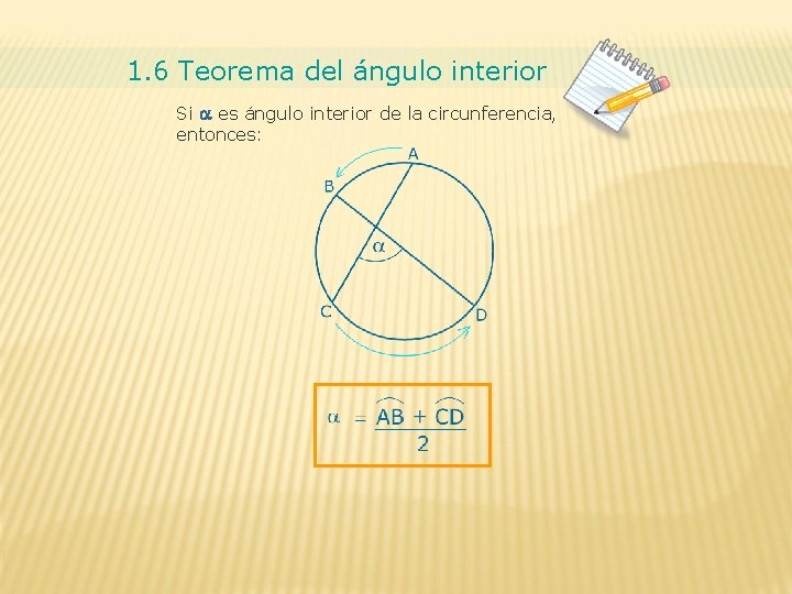 1. 6 Teorema del ángulo interior Si a es ángulo interior de la circunferencia,