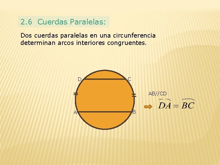 2. 6 Cuerdas Paralelas: Dos cuerdas paralelas en una circunferencia determinan arcos interiores congruentes.