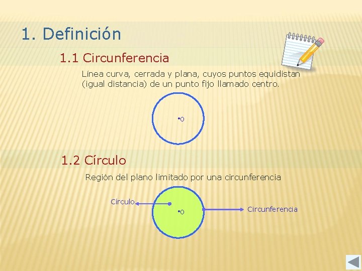1. Definición 1. 1 Circunferencia Línea curva, cerrada y plana, cuyos puntos equidistan (igual