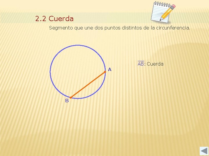 2. 2 Cuerda Segmento que une dos puntos distintos de la circunferencia. A B