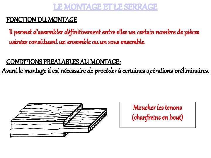 LE MONTAGE ET LE SERRAGE FONCTION DU MONTAGE Il permet d'assembler définitivement entre elles