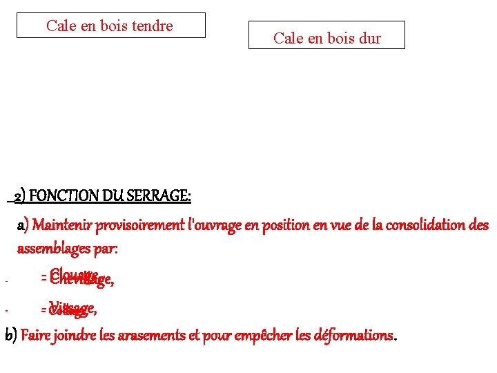 Cale en bois tendre - Cale en bois dur 2) FONCTION DU SERRAGE: a)