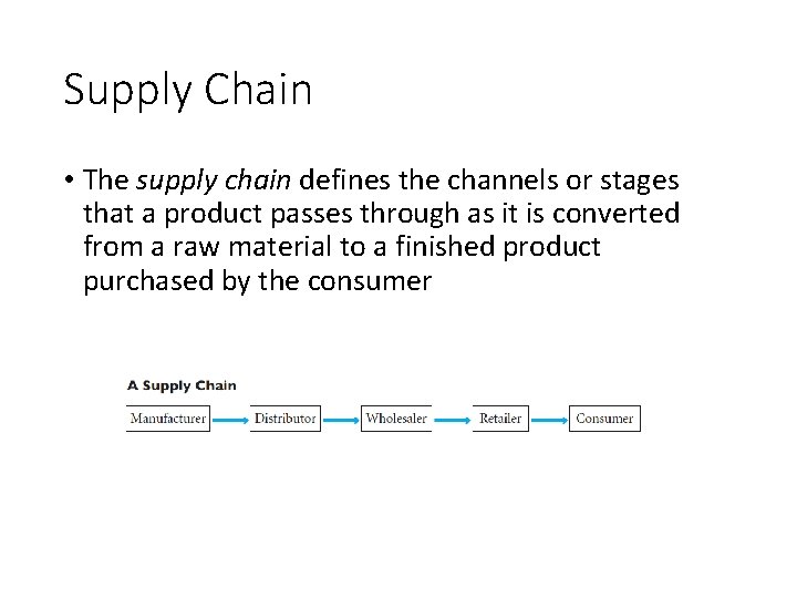Supply Chain • The supply chain defines the channels or stages that a product