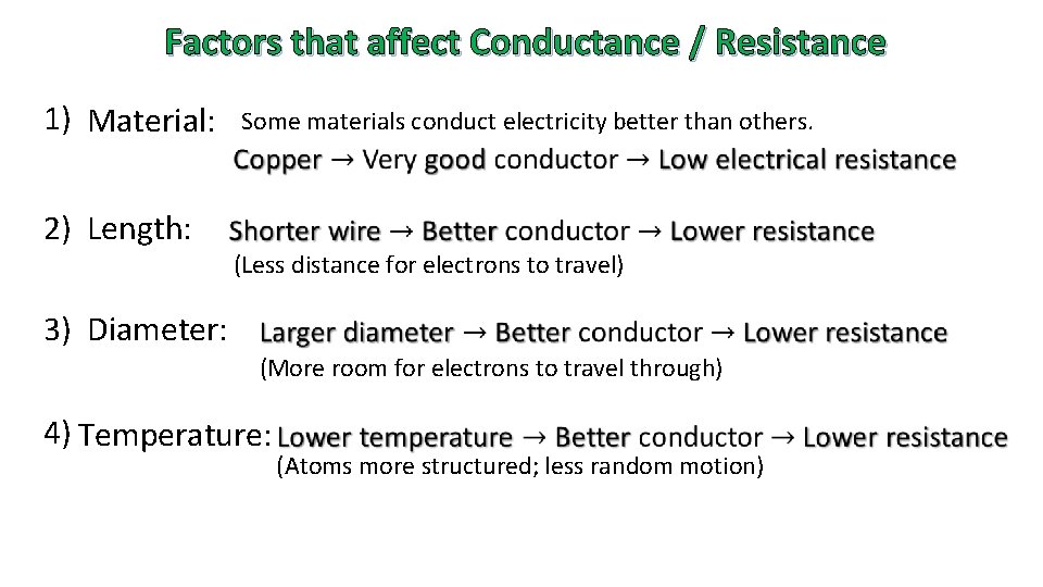Factors that affect Conductance / Resistance 1) Material: Some materials conduct electricity better than