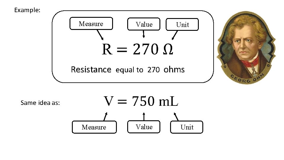 Example: Measure Value Unit Resistance equal to 270 ohms Same idea as: Measure Value