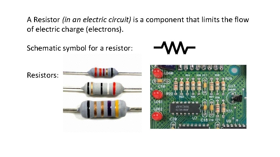 A Resistor (in an electric circuit) is a component that limits the flow of
