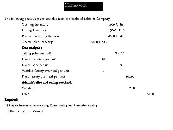 Homework The following particulars are available from the books of Sakib & Company: Opening