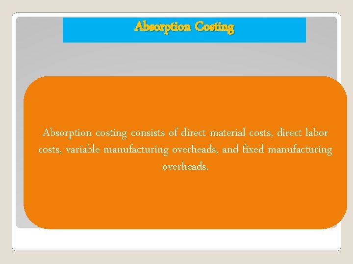 Absorption Costing Absorption costing consists of direct material costs, direct labor costs, variable manufacturing