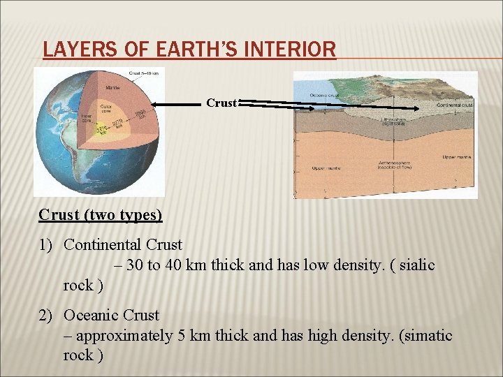 LAYERS OF EARTH’S INTERIOR Crust (two types) 1) Continental Crust – 30 to 40