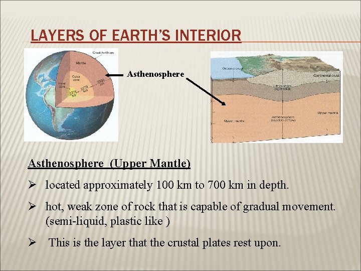 LAYERS OF EARTH’S INTERIOR Asthenosphere (Upper Mantle) Ø located approximately 100 km to 700