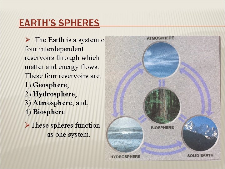 EARTH’S SPHERES Ø The Earth is a system of four interdependent reservoirs through which