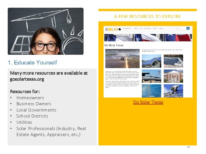 A FEW RESOURCES TO EXPLORE Many more resources are available at gosolartexas. org Resources