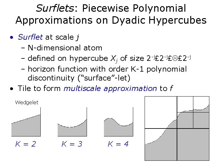 Surflets: Piecewise Polynomial Approximations on Dyadic Hypercubes • Surflet at scale j – N-dimensional