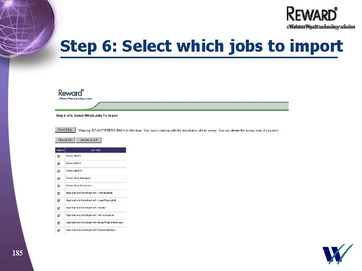 Step 6: Select which jobs to import 185 
