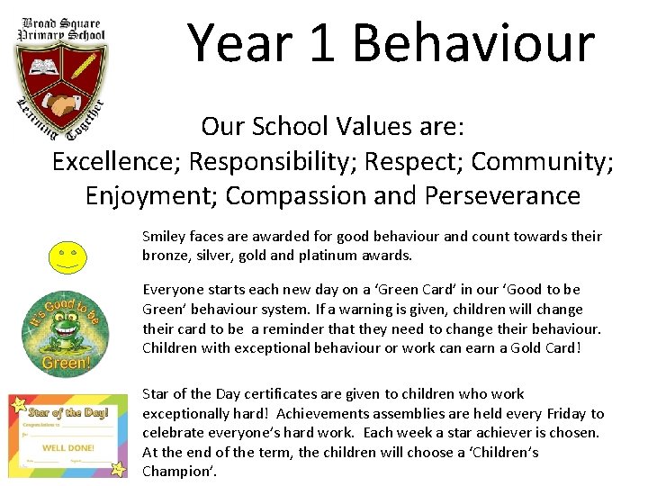 Year 1 Behaviour Our School Values are: Excellence; Responsibility; Respect; Community; Enjoyment; Compassion and