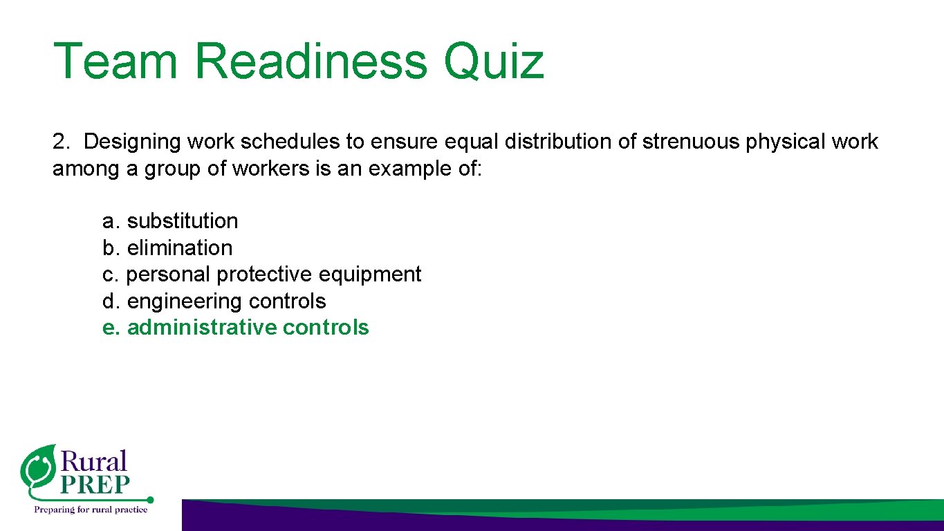 Team Readiness Quiz 2. Designing work schedules to ensure equal distribution of strenuous physical