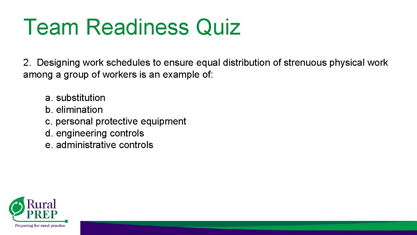 Team Readiness Quiz 2. Designing work schedules to ensure equal distribution of strenuous physical