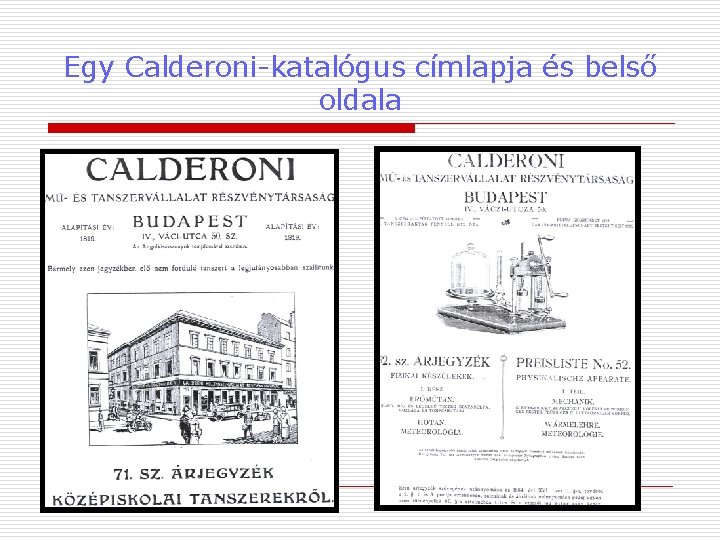 Egy Calderoni-katalógus címlapja és belső oldala 