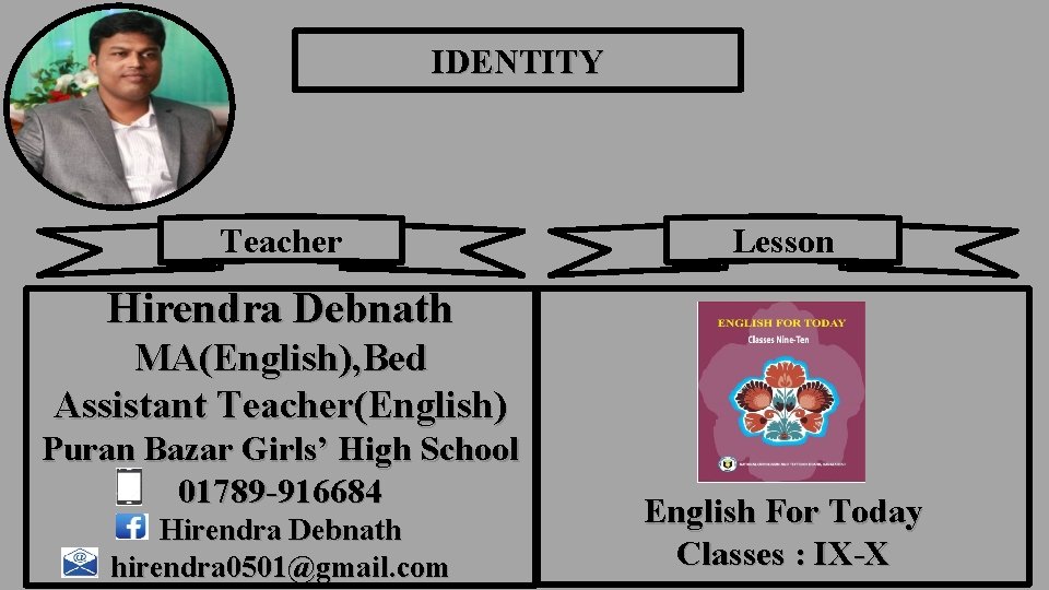 IDENTITY Teacher Lesson Hirendra Debnath MA(English), Bed Assistant Teacher(English) Puran Bazar Girls’ High School