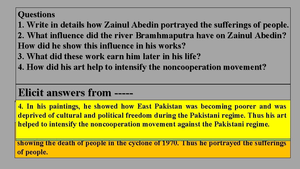 Questions 1. Write in details how Zainul Abedin portrayed the sufferings of people. 2.