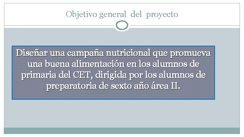 Objetivo general del proyecto Diseñar una campaña nutricional que promueva una buena alimentación en