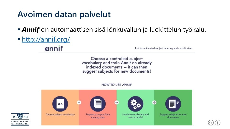 Avoimen datan palvelut § Annif on automaattisen sisällönkuvailun ja luokittelun työkalu. § http: //annif.