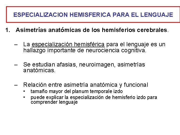 ESPECIALIZACION HEMISFERICA PARA EL LENGUAJE 1. Asimetrías anatómicas de los hemisferios cerebrales. – La