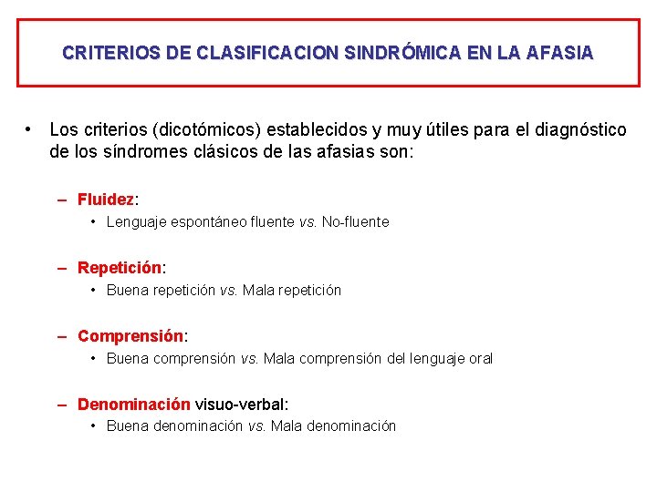 CRITERIOS DE CLASIFICACION SINDRÓMICA EN LA AFASIA • Los criterios (dicotómicos) establecidos y muy