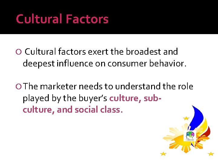Cultural Factors Cultural factors exert the broadest and deepest influence on consumer behavior. The