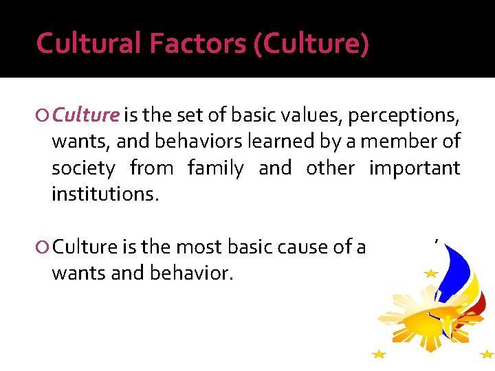Cultural Factors (Culture) Culture is the set of basic values, perceptions, wants, and behaviors
