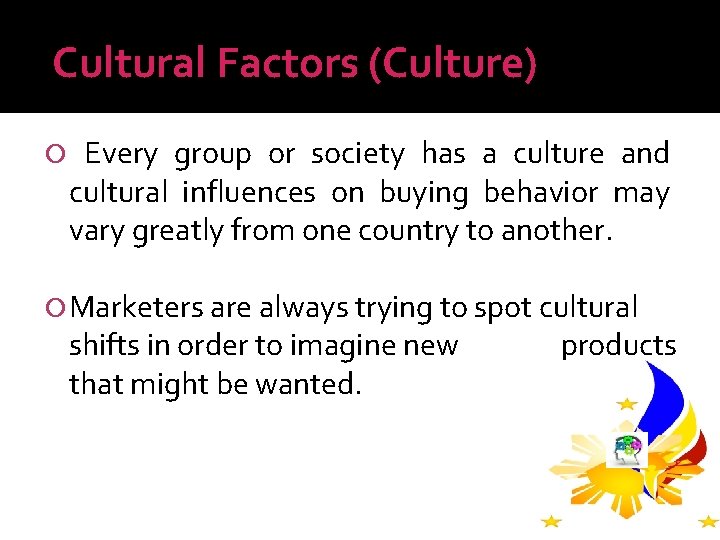 Cultural Factors (Culture) Every group or society has a culture and cultural influences on