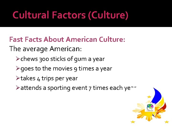 Cultural Factors (Culture) Fast Facts About American Culture: The average American: Ø chews 300