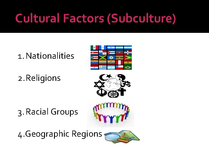 Cultural Factors (Subculture) 1. Nationalities 2. Religions 3. Racial Groups 4. Geographic Regions 