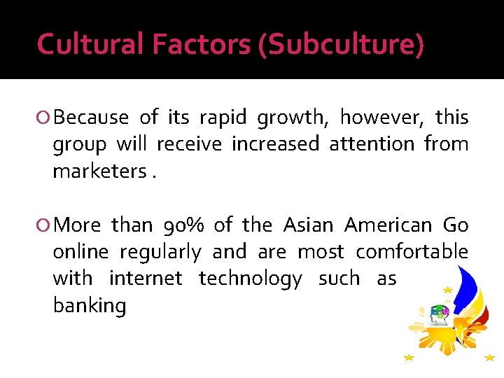 Cultural Factors (Subculture) Because of its rapid growth, however, this group will receive increased