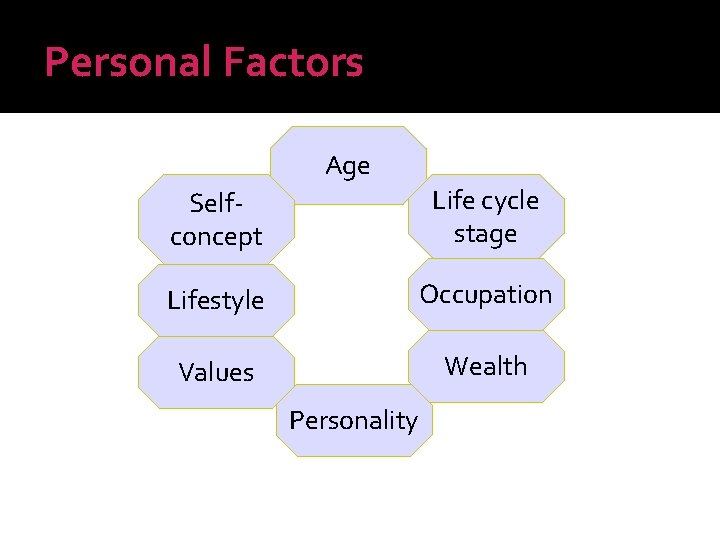 Personal Factors Age Selfconcept Life cycle stage Lifestyle Occupation Values Wealth Personality 