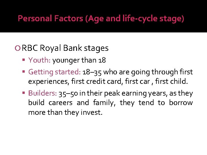 Personal Factors (Age and life-cycle stage) RBC Royal Bank stages Youth: younger than 18