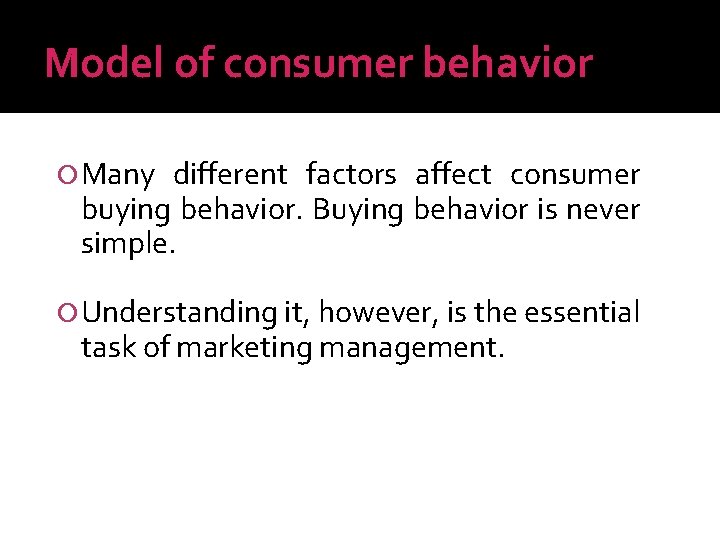 Model of consumer behavior Many different factors affect consumer buying behavior. Buying behavior is