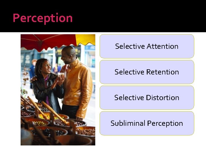 Perception Selective Attention Selective Retention Selective Distortion Subliminal Perception 