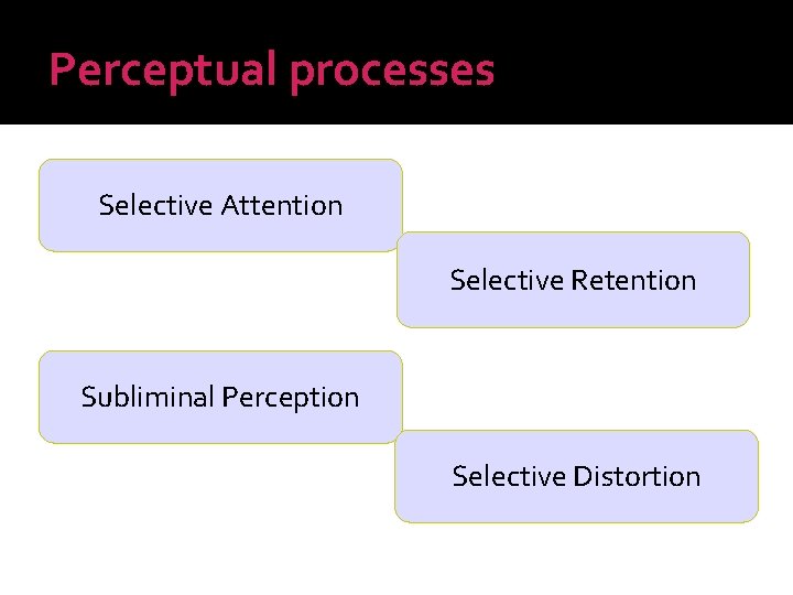 Perceptual processes Selective Attention Selective Retention Subliminal Perception Selective Distortion 