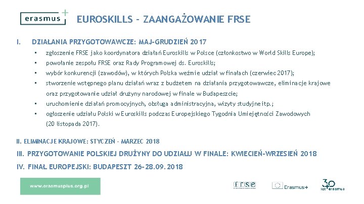 EUROSKILLS – ZAANGAŻOWANIE FRSE I. DZIAŁANIA PRZYGOTOWAWCZE: MAJ-GRUDZIEŃ 2017 • zgłoszenie FRSE jako koordynatora