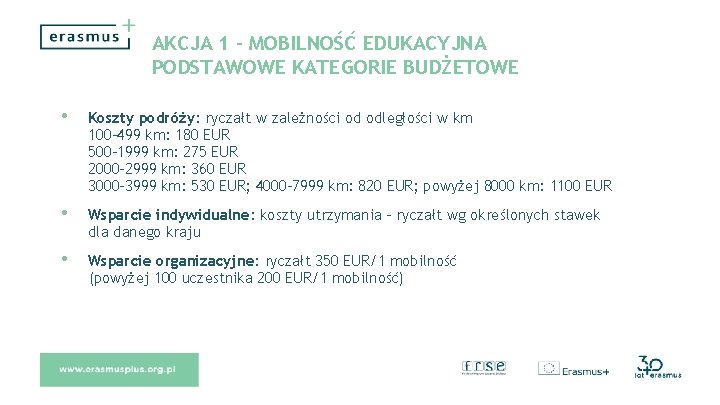 AKCJA 1 – MOBILNOŚĆ EDUKACYJNA PODSTAWOWE KATEGORIE BUDŻETOWE • Koszty podróży: ryczałt w zależności