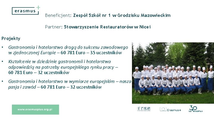 Beneficjent: Zespół Szkół nr 1 w Grodzisku Mazowieckim Partner: Stowarzyszenie Restauratorów w Nicei Projekty