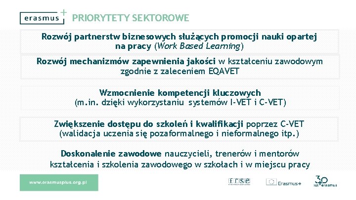 PRIORYTETY SEKTOROWE Rozwój partnerstw biznesowych służących promocji nauki opartej na pracy (Work Based Learning)