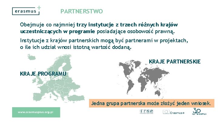 PARTNERSTWO Obejmuje co najmniej trzy instytucje z trzech różnych krajów uczestniczących w programie posiadające