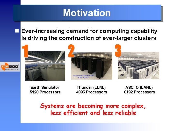 Motivation n Ever-increasing demand for computing capability is driving the construction of ever-larger clusters