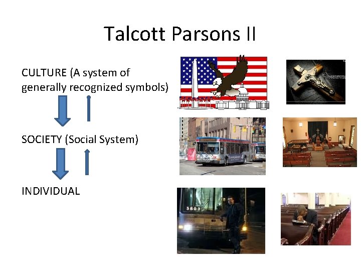 Talcott Parsons II CULTURE (A system of generally recognized symbols) SOCIETY (Social System) INDIVIDUAL