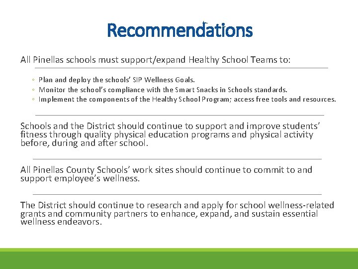 Recommendations All Pinellas schools must support/expand Healthy School Teams to: ◦ Plan and deploy