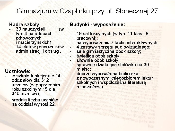 Gimnazjum w Czaplinku przy ul. Słonecznej 27 Kadra szkoły: - - 39 nauczycieli (w