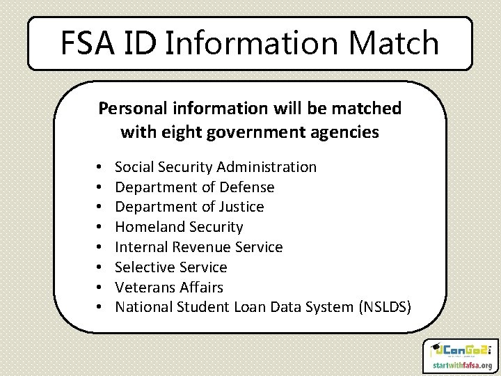 FSA ID Information Match Personal information will be matched with eight government agencies •